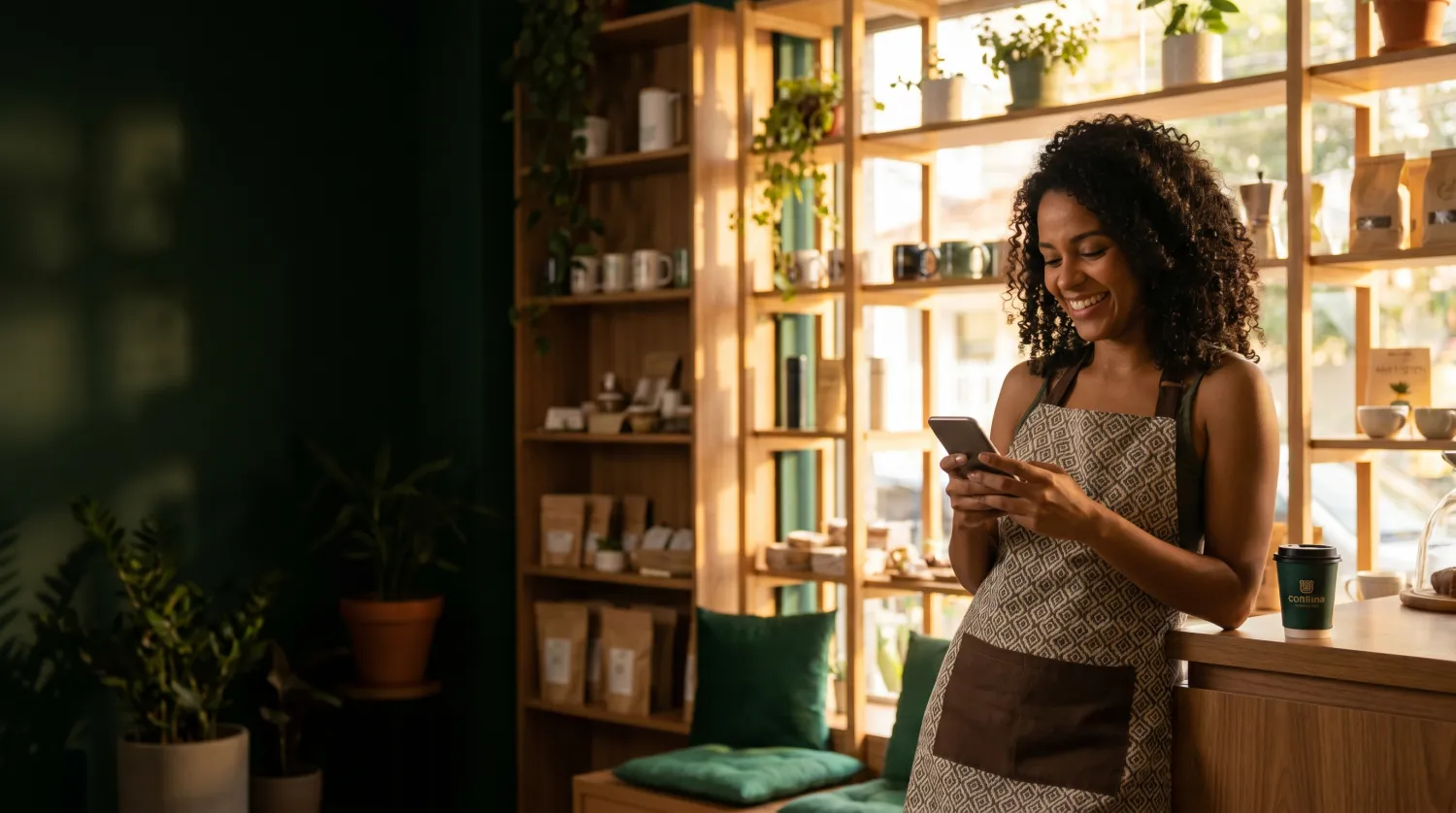 Dona de negócio usando um app feito pela TrevoCode